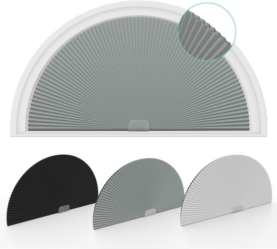 Changshade Arch Window Shades Blackout, Half Moon(Radius: 24") Blackout Pleated Window Shades, Half Circle No Drill Cellular Shades for Windows, Easy Cut and Install, Pack of 2 (Gray)