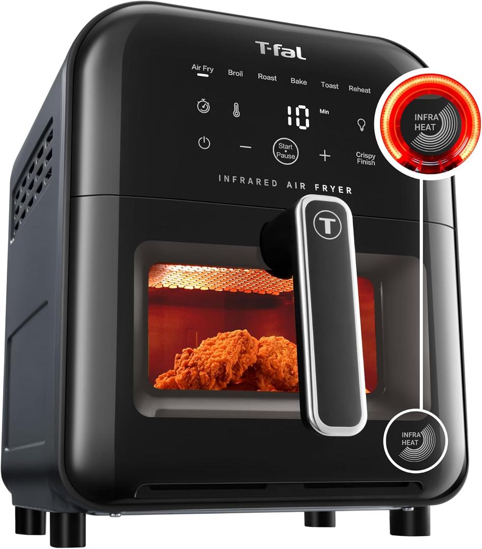 T-fal Infrared Air Fryer, 2x Faster Than Traditional Heating*, Large Air Fryer Toaster Oven Combo, 6 Qt Digital Touch Screen, 7-in-1 Cooking Functions, No-Shake Technology, 1550W, Black,, 6.3 Quart