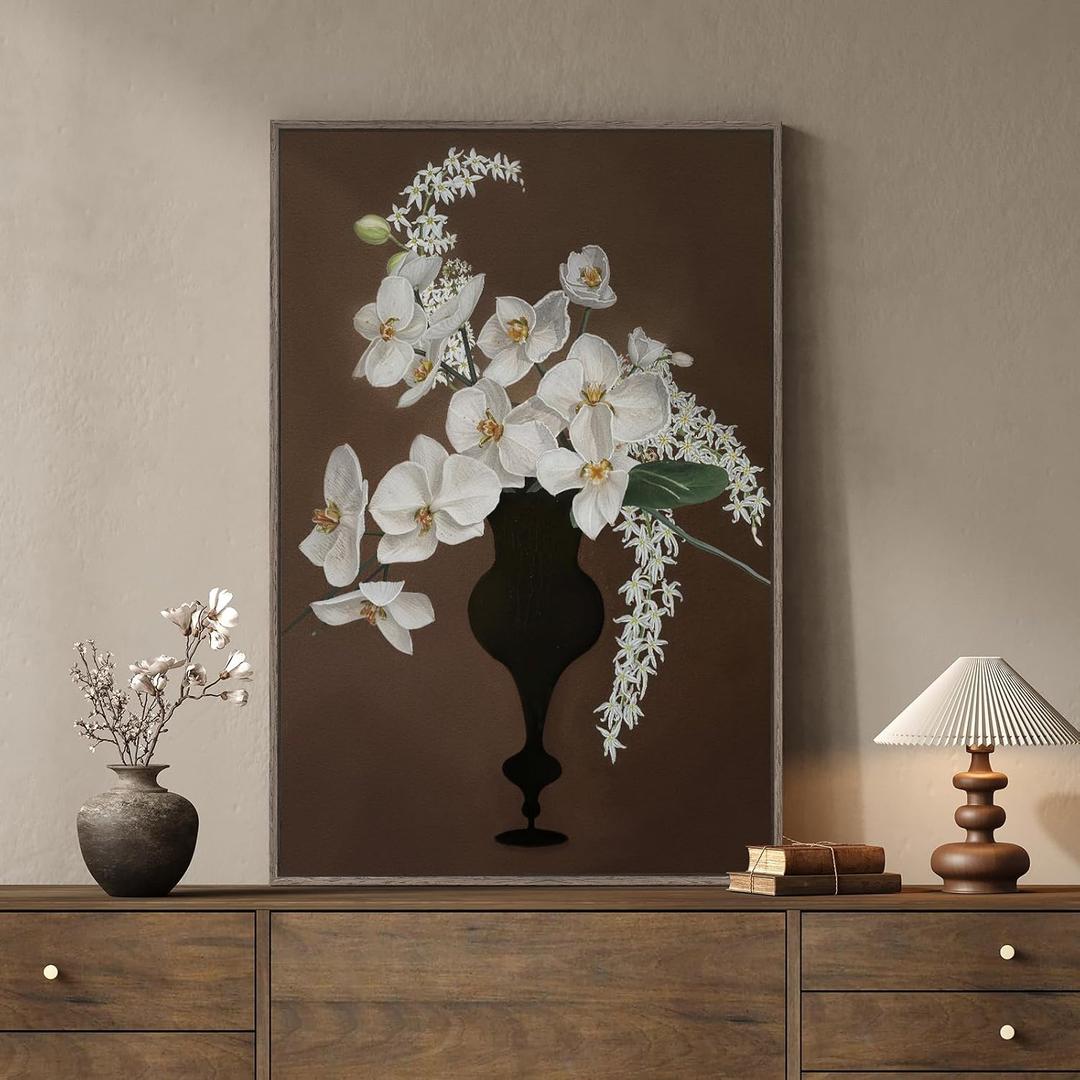 Framed Vintage Floral Vertical Wall Art, Retro White Orchid Flower Canvas Artwork for Kitchen, Classical Moody Dark Botanical Painting Prints for Bedroom Dining Room Living Room Bar Wall decor, 24x36