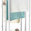 44 Inch Tall Free Standing Towel Rack with Metal Storage Shelf & 6 Hooks for Bathroom, 3 Tiers Heavy Duty Blanket Drying Stand Holder for Outdoor Pool, Bedroom, Living Room, White