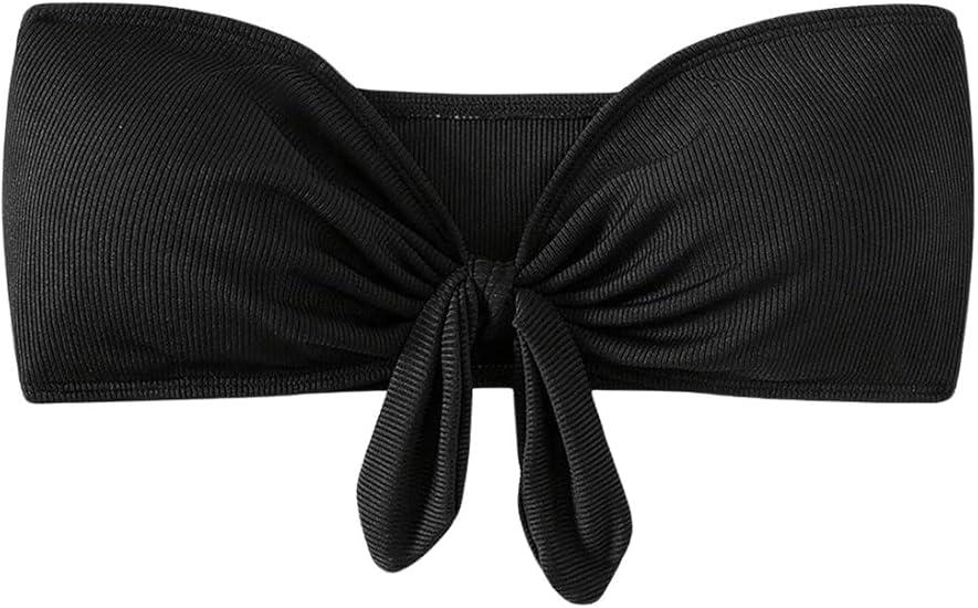 MakeMeChic Women's Bandeau Bikini Top Knot Front Strapless Swimsuit Bathing Tops, L, Black