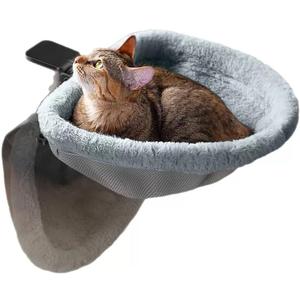 Cat Desk Bed-Extra-Large Clamp & Sunken Hammock Design,Soft Faux Rabbit Fur Material,One-Click Folding,Suitable for Various Desktops, Holds Up to 40lbs(Gray