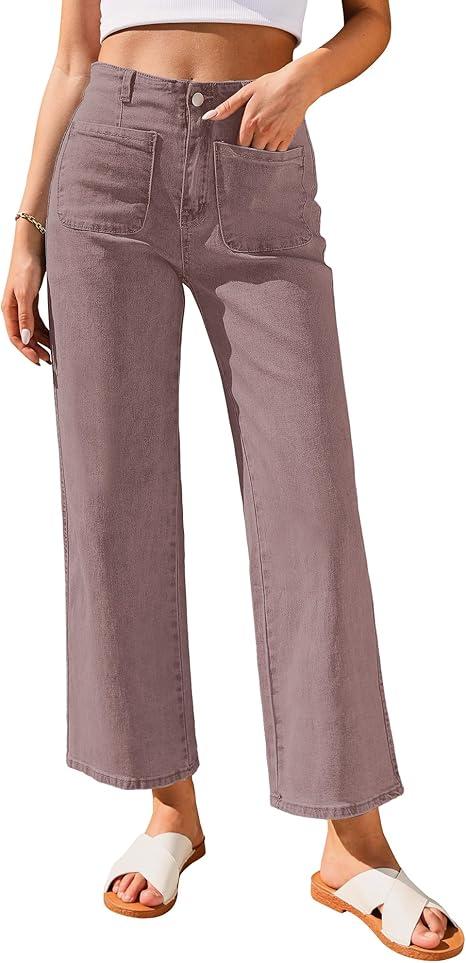 GRAPENT Wide Leg Jeans for Women High Waisted Straight Leg Stretchy Cropped Denim Pants with Pockets Jean Trousers, 2XL