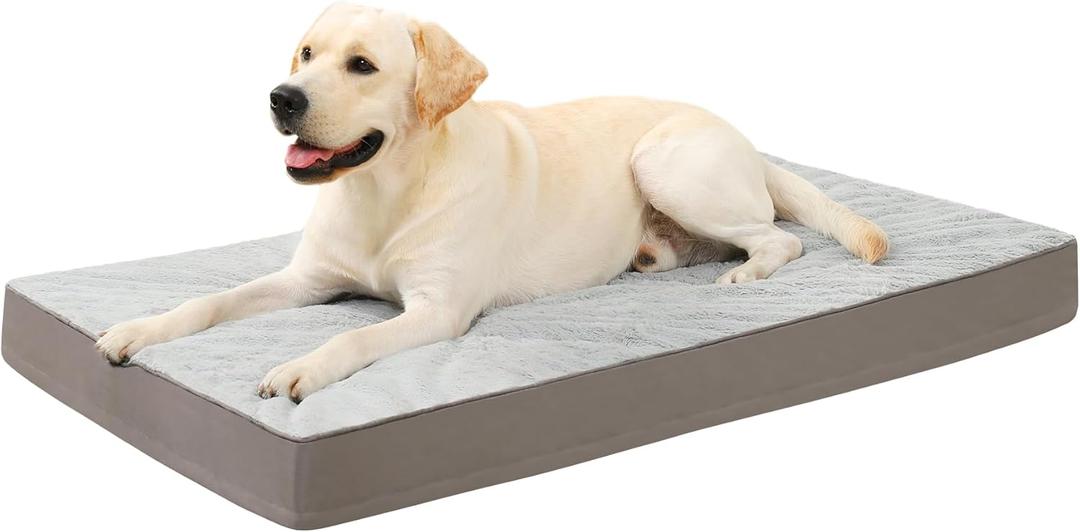 KSIIA Orthopedic Dog Bed Dog Crate Bed Waterproof for Large Dogs Deluxe Plush Washable Pet Mat with Egg Crate Foam & Removable Cover, 35 x 22 Inch, Gray (Light Grey)