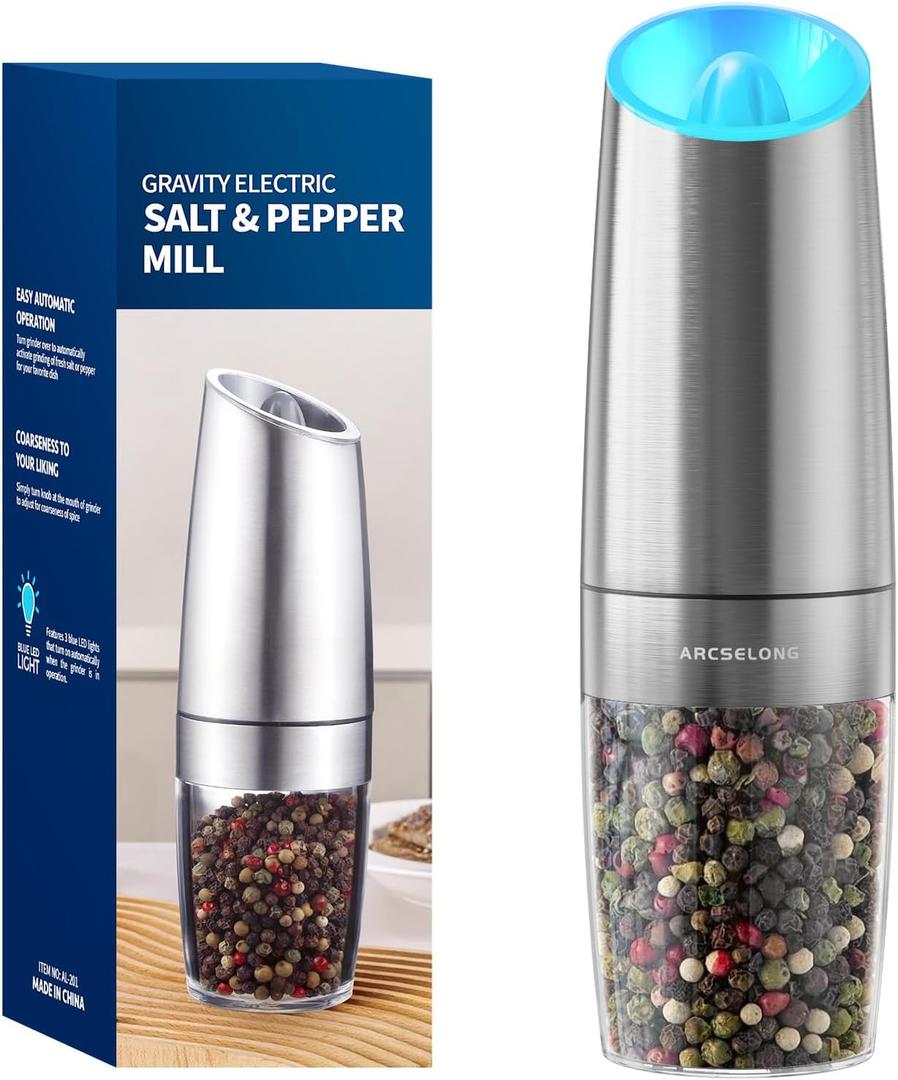 Gravity Electric Salt and Pepper Mill, Battery Operated, Adjustable Coarseness, Large Capacity Salt and Pepper Grinder With LED Light (Single, Stainless Steel-Battery)