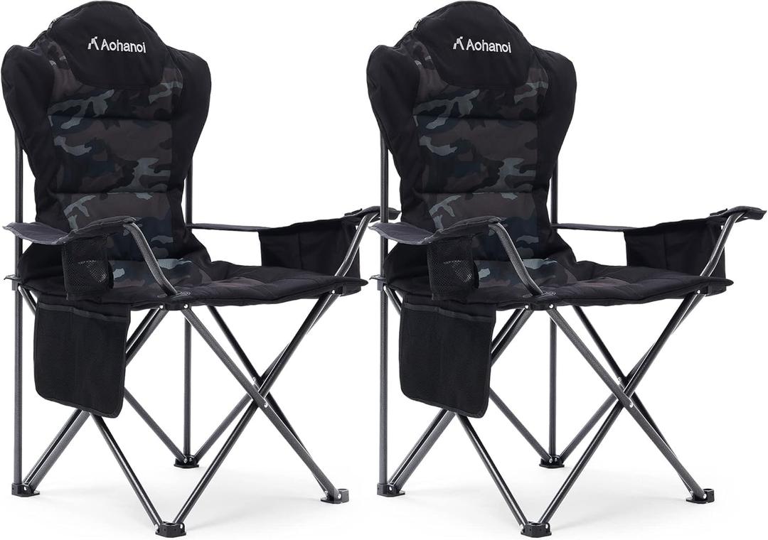 Aohanoi 2 Pack Camping Chairs for Heavy People,Outdoor Folding Camp Chairs for Adults with Cup Holder & Cooler Bag for Outside,Outdoor Lawn Chairs Supports Up to 400lbs
