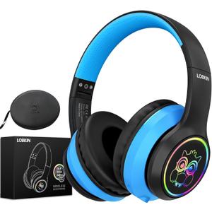 LOBKIN Kids Headphones Bluetooth 5.4,Over Ear Kids Headphones Wireless with Mic 50H Playtime Colorful LED Lights AUX Cord 94dB Safe Volume Limited Foldable Design for Boy Girl Travel/School/iPad, Black Blue,  Kids headphones with LED