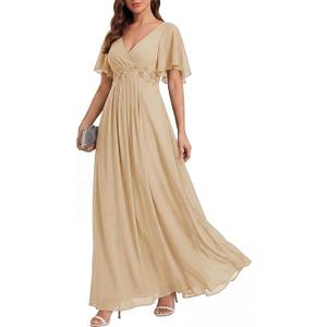Ever-Pretty Women's Chiffon V-Neck Mother of Bride Dresses A-Line Ruched Short Sleeves Appliques Bridesmaid Dress Formal Gown Yellow US26 5XL