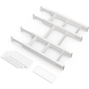 SpaceAid Bamboo Drawer Dividers with Inserts and Labels, Kitchen Adjustable Drawer Organizers, Expandable Organization for Home, Office, Dressers, 4 Dividers with 9 Inserts (17"-22" White)