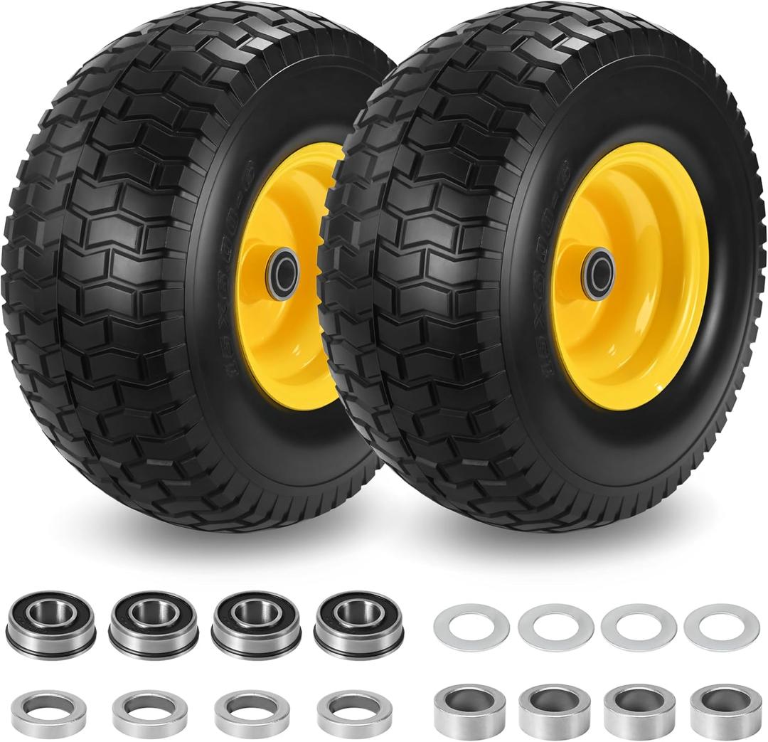 2 Pcs 15x6.00-6 Flat Free Lawn Mower Tire and Wheel, with 3" Centered Hub and 3/4" & 5/8" Bearings, 15x6-6nhs Solid Tire, Compatible with John Deere Riding Mower and Lawn Tractor Front Tires