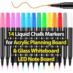 Liquid Chalk Markers for Acrylic Calendar Planning Board LED Note Board Clear Glass Dry Erase Whiteboard Window Mirror Christmas Holidays Painting, 14 Pack, 12 Vibrant Colors, 1mm Fine Points