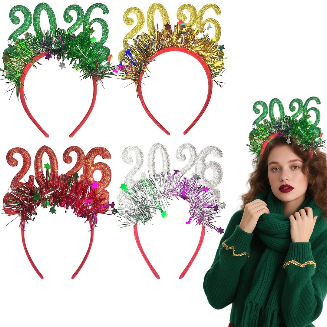 Pvoiue 2026 New Year's Eve Party Headband - Happy New Years Headband - Festive Party Dress-Up Hairband, Star and Tinsel Embellishments - New Year's Eve Celebration Accessory 4Pcs (Red + Gold + Green + Silver)