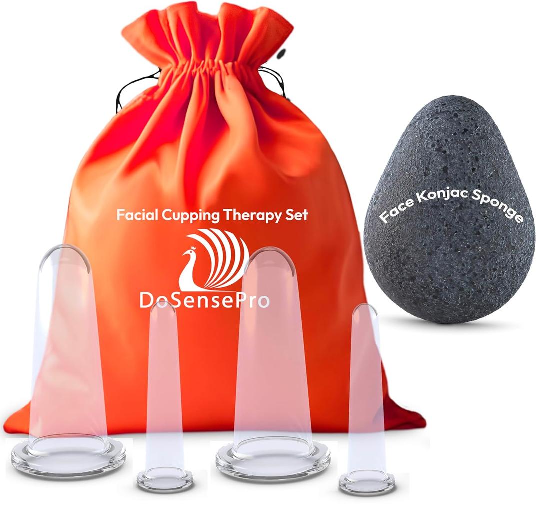 Anti-Aging Facial Cupping Set for Face and Neck - Includes Bonus Japanese Konjac Sponge for Enhanced Skin Care. (2M 2S)