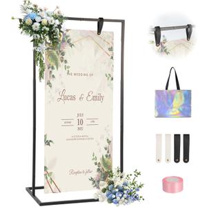 Wedding Welcome Sign Stand - 43" or 55" Heavy Duty Easel Stand for Sign with 4 Leather Strap, Welcome to Our Wedding Sign Holder Stand, Metal Floor Standing Easels for Signs, Poster (Black)
