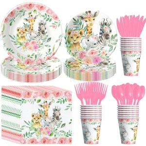 Safari Baby Shower Decorations Tableware Girl - Jungle Theme Party Supplies, Paper Plate, Cup, Napkin, Disposable Cutlery, Wild Animal Birthday Baby Shower Party Decorations | Serve 24 (Pink)
