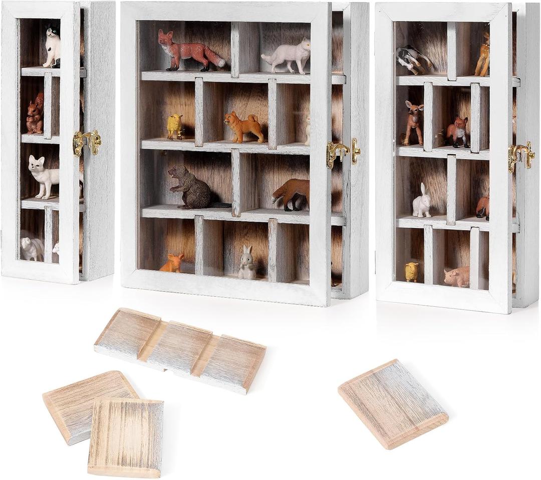 DoubleFill Set of 3 Wooden Trinket Display Shelf Shadow Box with Shelves 10 x 15 Inch Large Wall Mounted Display Storage Mini Figures Curio Trinket Medals Crafts Collections(Antique White,Box Shape)