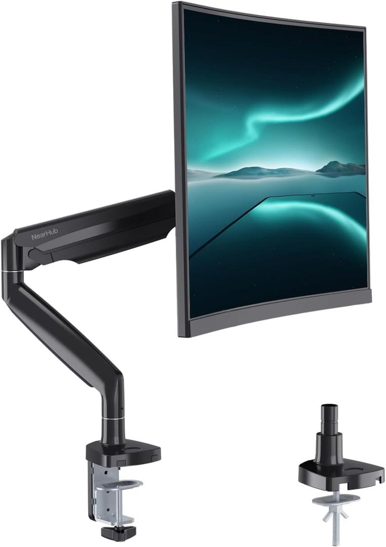 Curved Monitor Mount Single Arm Holds to 28.6 lbs, Ultrawide Monitor Stand for 35" Screens, C-Clamp & Grommet Base, +90 to-45 Tilt,180Swivel,360 Rotation,VESA 75x75 or 100x100mm,for Curved/Flat