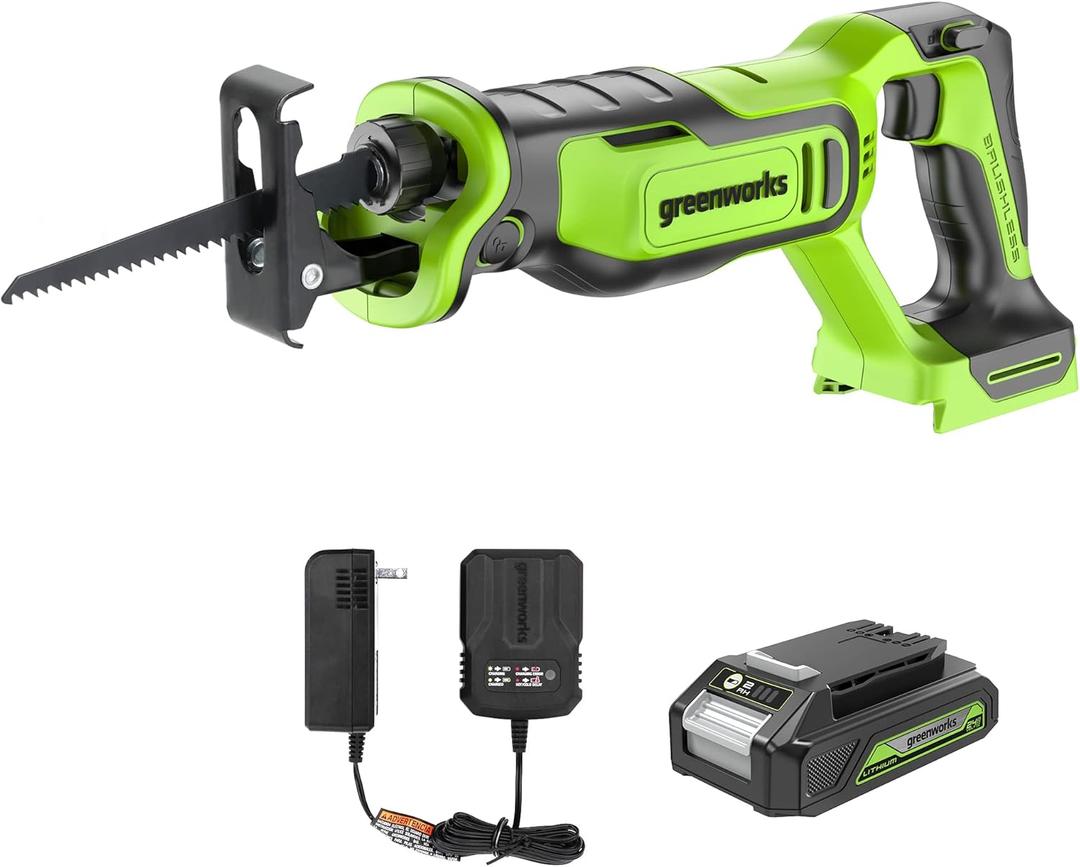 Greenworks 24V Brushless 1" Compact Reciprocating Saw (3,000 SPM), 2.0Ah Battery and Compact Charger Included
