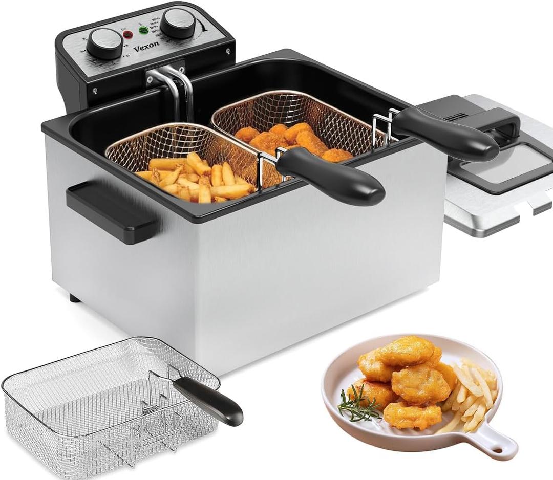 1800W 5 Liters/21 Cups Large Electric Deep Fryer with 3 Frying Baskets for Home Use, Adjustable Temperature,View Window Lid,Countertop Stainless Steel Body Deep Fryer Pot,Perfect for Kitchen, Fry Fish (5 Liters/21 Cups Oil Capacity, SILVER)