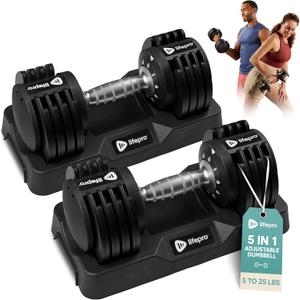 Lifepro Powerup Plus Adjustable Dumbbell Set — 5-25 lb with Twist-Select & Non-Slip Handle — Space-Saving Weights for Home Gym Strength Training