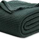 Bedsure 100% Cotton Blanket King Size for Bed - Breathable and Soft, Waffle Weave Blanket for Summer Spring, Dark Green, 104x90 inches