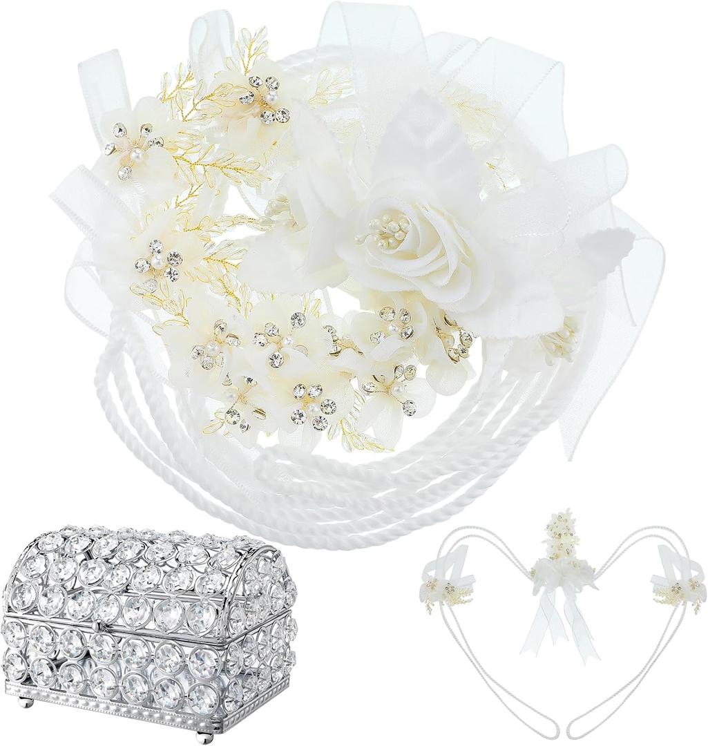 Vicenpal Wedding Lasso Rope and Crystal Jewelry Box Set Lazo para Boda White Lazo Cord with Silver Treasure Chest Box Catholic Unity Cord for Wedding Lasso Tradition Ceremony
