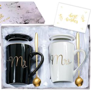 White Elephant Christmas Wedding Gifts for Couples 2025 Mr and Mrs Coffee Mugs Set 14oz Bridal Shower Anniversary Engagement Valentines Present for Newlyweds Bride Groom Black & White Cup