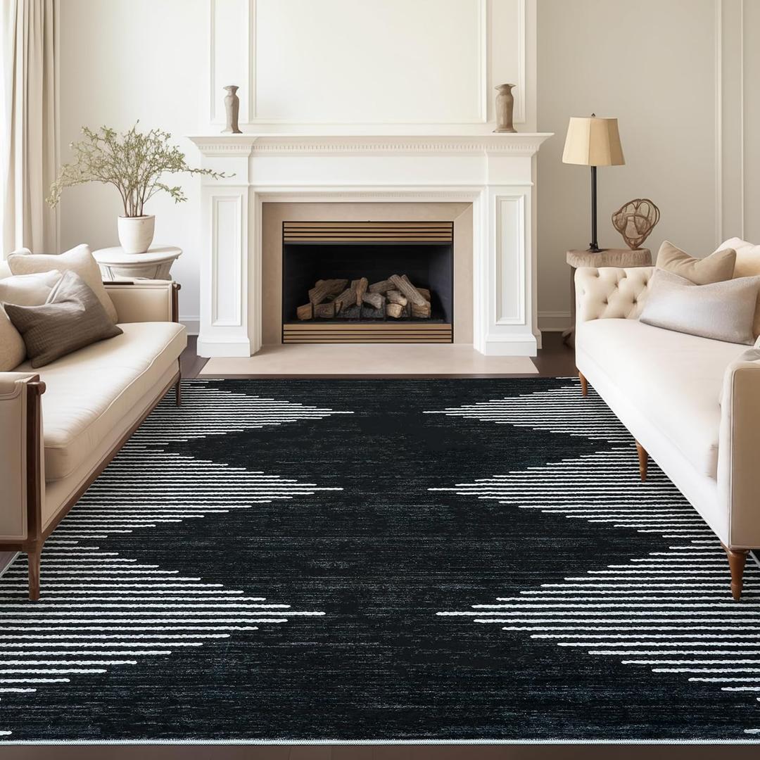Art&Tuft Area Rug 8x10, Super Soft Ultra-Thin Moroccan Washable Rug, Anti-Slip Backing Rugs for Living Room, Foldable Geometric Machine Washable Area Rug, Black