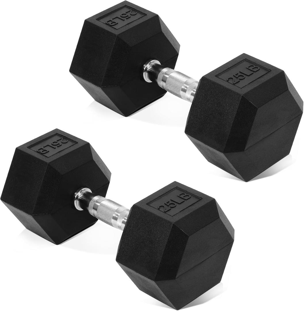 Fitvids Hex Rubber Coated Dumbbells Hand Weights Pairs for Exercises and Fitness and Home Gym, Pairs 25lb