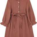Toddler Baby Girl Cotton Linen Dress Long Sleeve Crew Neck Dresses Button Down Dresses Casual Spring Fall Dress (5-6 Years, Brick Red)