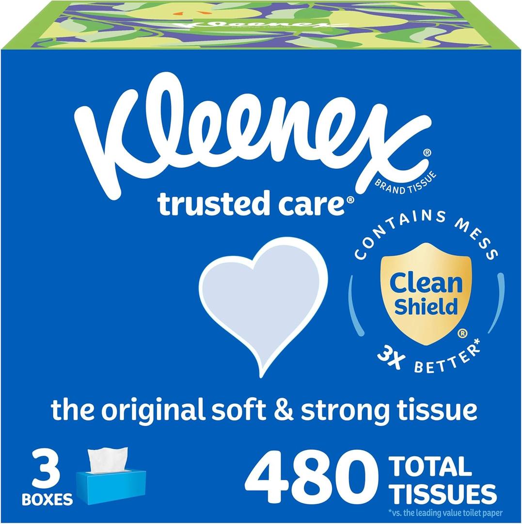 Kleenex Trusted Care Facial Tissues, 3 Flat Boxes, 160 Tissues per Box, 2-Ply (480 Total), Packaging May Vary (White)