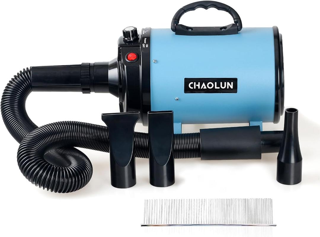 Dog Dryer for Pet Grooming, High Velocity Pet Hair Dryer with Heater, Adjustable Speed, 3 Nozzles and a Comb, Blue