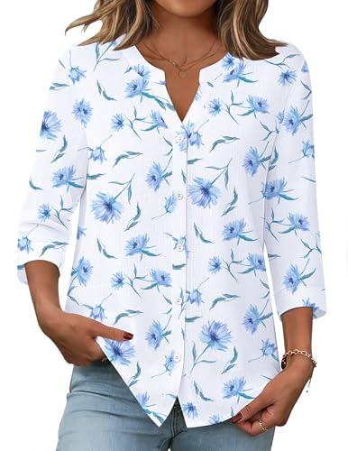 Zeagoo Womens White Button Down Shirts Hawaiian 3/4 Sleeve Blouses Boho Spring Outfit Casual Cute Fashion Top L