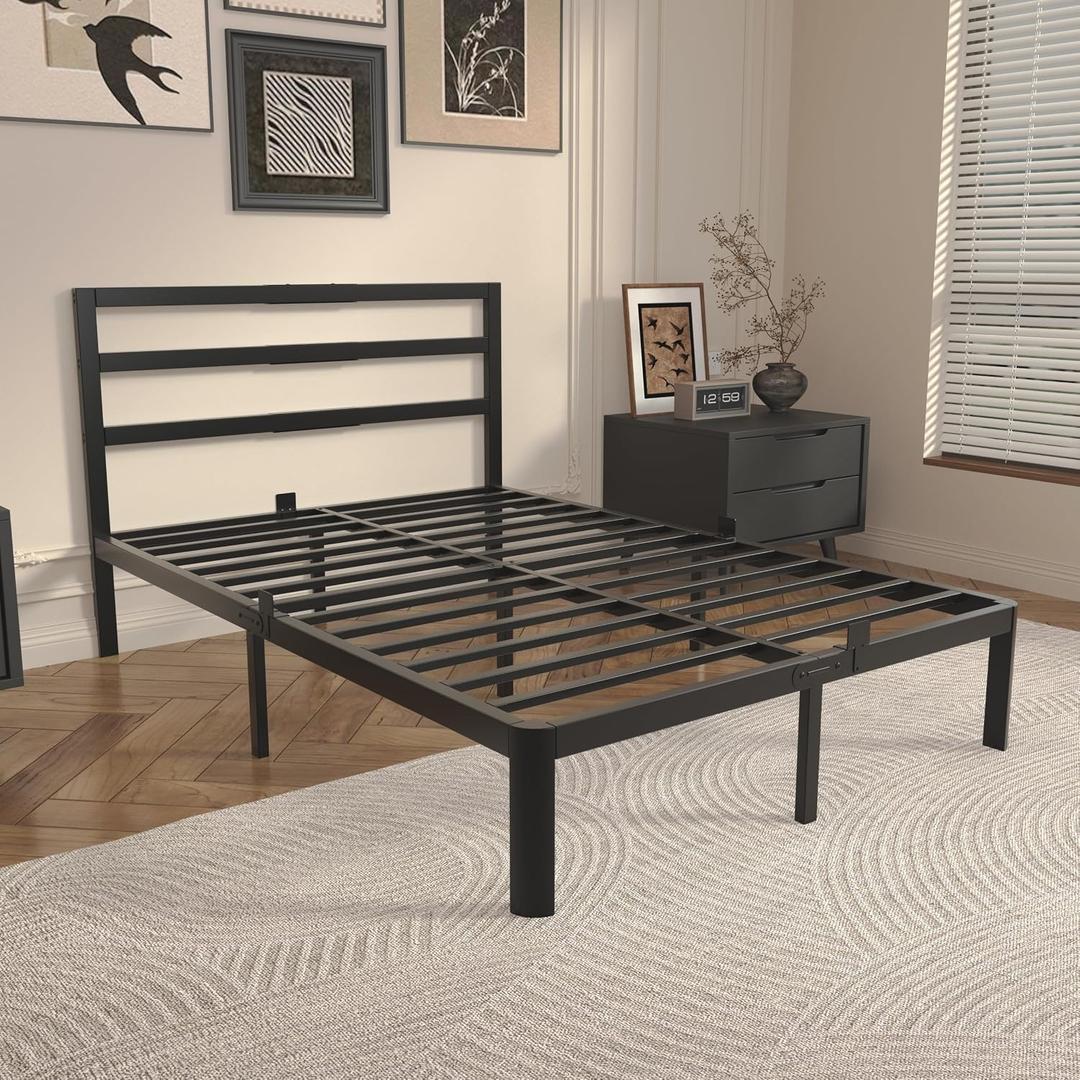 14 Inch Full Bed Frame with Headboard, Black Metal Full Size Bed Frame, No Box Spring Need, Anti-Slip Gaskets, Noise-Free, Heavy Duty Steel Platform Support, Easy Assembly