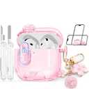 Skyconser with Safety Lock for Apple AirPods 4 Case 2024,Clear Cases with Phone Stand & Cleaning Kit,Soft TPU Cover for AirPods 4th Generation Case,Cute Bling Keychain for Women Girls-Clear Pink