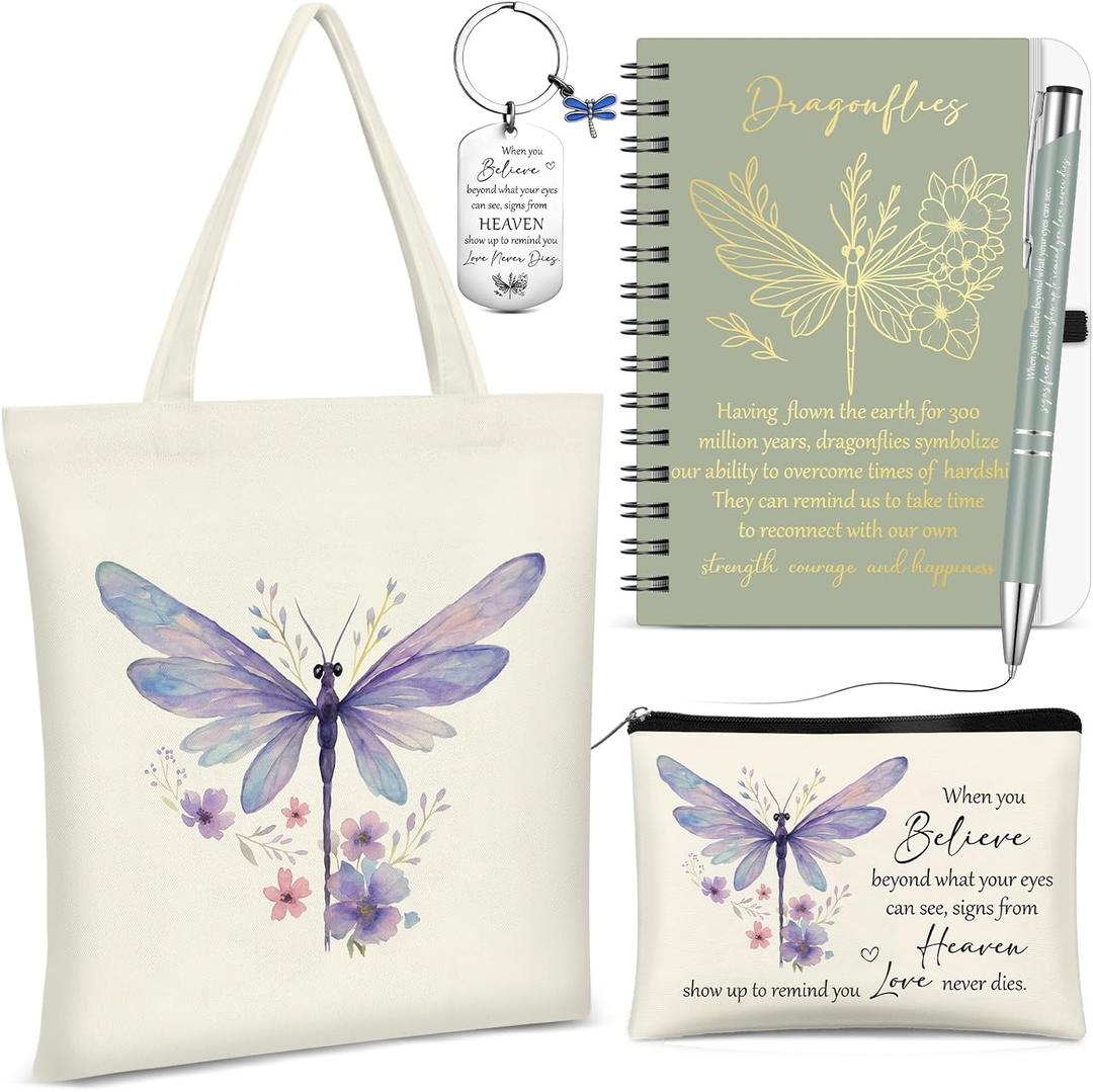 Kosiz 5 Pcs Dragonfly Gifts for Women, Cosmetic Bag, Canvas Bag, Coil Notebook, Ballpoint Pen and Keychain Inspirational Gift for Mom Teacher Office School Graduation Coworker