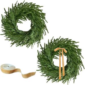 24 Inch Real Touch 2 Pcs Norfolk Pine Wreath Christmas Decorations for Front Door, Artificial Plants Green Christmas Wreath with Lights Home Decor, Xmas Decor for Mantel Wall Holiday Winter Decor