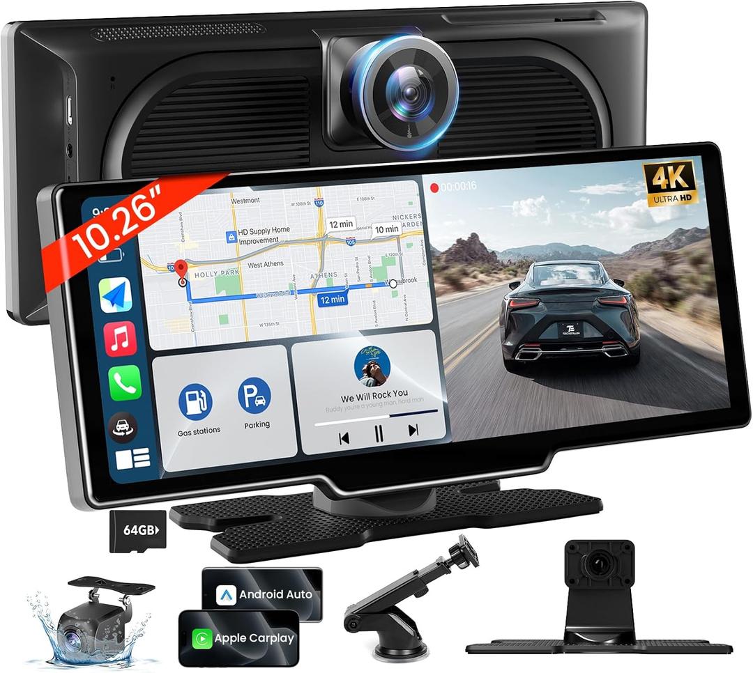 10.26'' Wireless Carplay Screen for Car with 4K Dash Cam & 1080P Backup Camera, Portable Car Audio Receivers with Carplay & Android Auto, GPS Navigation, Airplay, Mirror Link