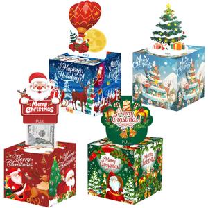4 Pack Christmas Money Pull Box for Cash Gifts - Surprise Money Holder with 200 Bags, Creative Gift Box, Fun Way to Give Cash for Christmas (Red+green+blue+light Blue), 4pcs