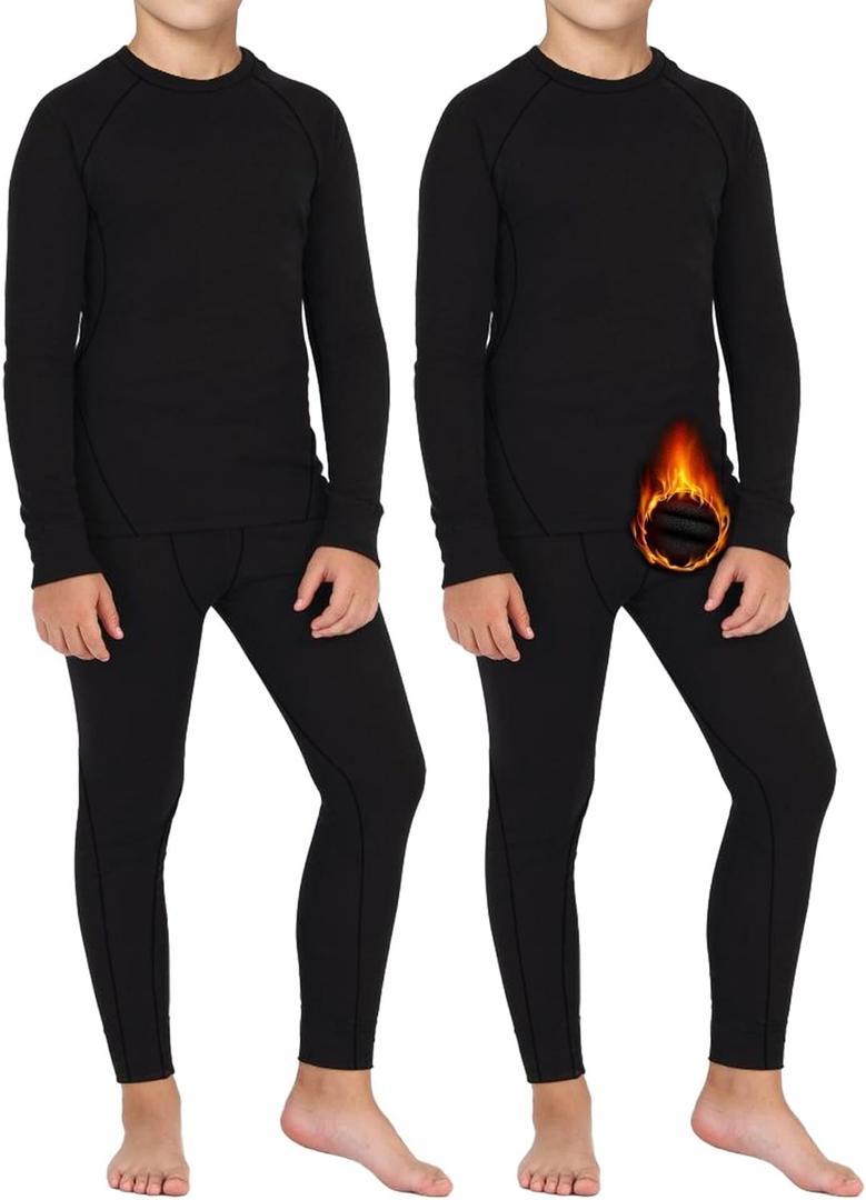Dalavch 2 Sets Youth Boys Thermal Base Layer Long Johns Compression Leggings and Shirts Fleece Lined Underwear for Kids Girls (Large, Black)