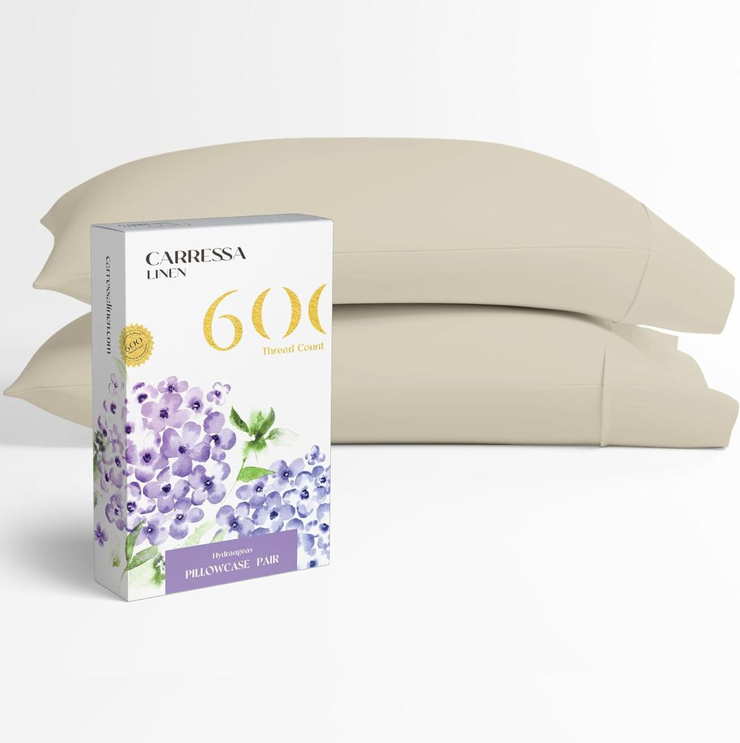 Carressa Linen 100% Egyptian Cotton Pillow Cases Set of 2-600 Thread Count Beach Sand King Pillowcase for Sleeping, Soft, Silky Sateen Weave Bed Pillow Cover, Extra Long Staple Cotton Pillowcases