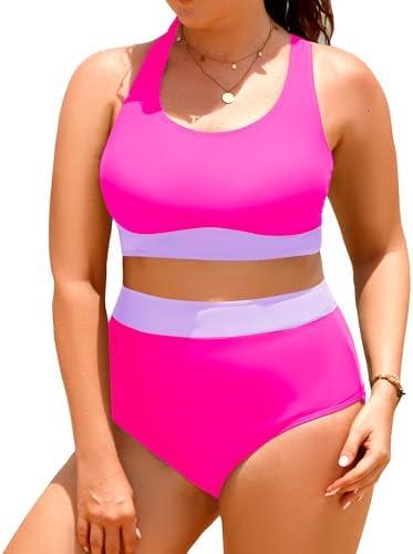Aqua Eve Plus Size Two Piece High Waisted Bikini Swimsuits Scoop Neck Bikini Set Sporty Bathing Suits , Hot Pink, 18W