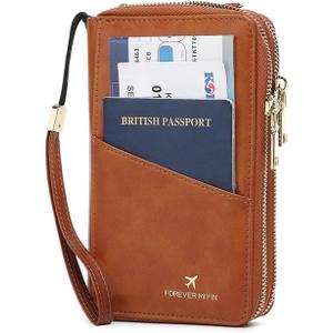 GOIACII Passport Wallet Travel Crossbody Bags for Women Wristlet Phone Purse Double Zip Vegan Leather Brown