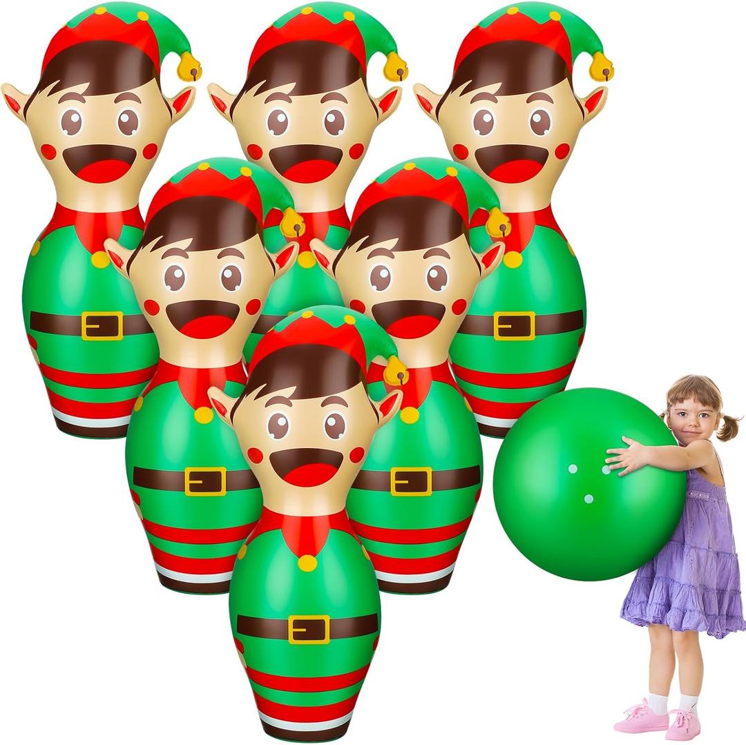 Wettarn 7 Pcs 27 in Giant Christmas Inflatable Bowling Set Elf Inflatable Games for Kids Adult Christmas Party Games Holiday Carnival Family Indoor Outdoor Garden Backyard Lawn Fun Xmas Decor