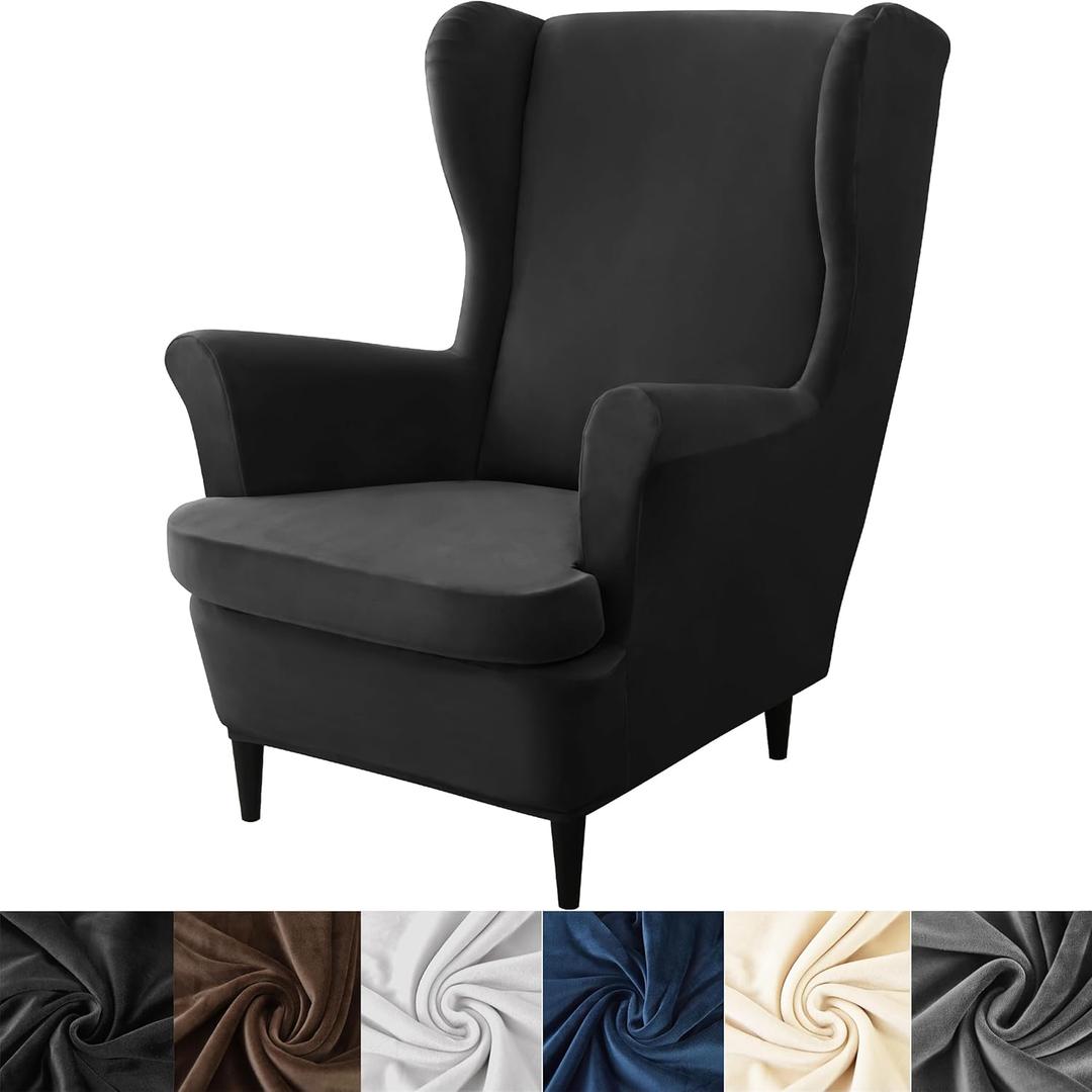 HFCNMY Wingback Chair Covers, 2 Piece Stretch Velvet Wingback Chair Slipcover-Thick Wing Back Chair Covers with Arms-Wing Chair Slipcover-Wing Back Chair Slipcovers with Elastic Bottom Black