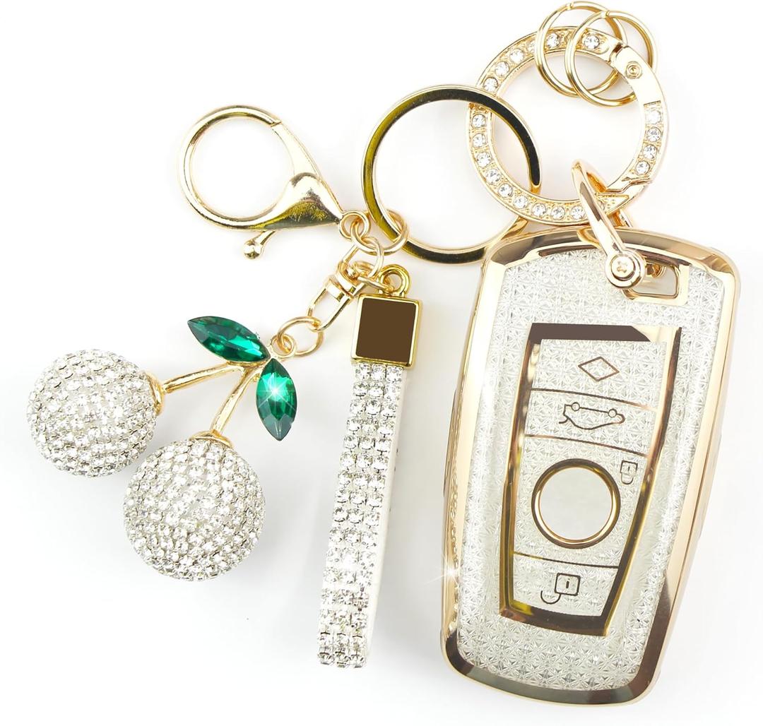 Sparkly Key Fob Cover with Cherry Keychain, Bling TPU Smart Key Case for Women, Compatible with BMW 2 5 6 7 X1 X2 X3 X5 X61 3 4 5 6 7 Series X3 X4 M5 M6 GT3 GT5(4-Button, Gold White)