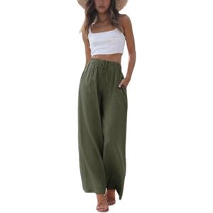 Faleave Women's Cotton Linen Summer Palazzo Pants Flowy Wide Leg Beach Trousers with Pockets, Large