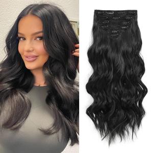 Clip in Black Hair Extensions for Women, 6 PCS Natural Black Hair Extensions, Thick Hairpieces Double Weft Wavy Hairpieces, Soft Hair & Blends Well, Long Wavy (20inch, 6pcs, Natural Black)