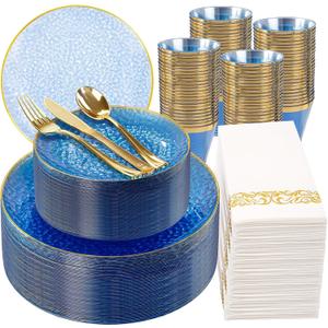 Rubtlamp 350 Pcs Clear Blue Plastic Plates, Blue Gold Plastic Dinnerware Set (50 Guests), Blue Disposable Plates With Gold Rim, Hammered Party Plates Set for Wedding And Party