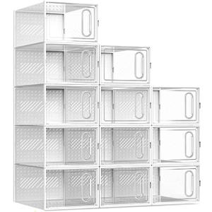 12 Packs Clear Plastic Shoebox With Magnetic Door, X-Large(14"× 10" × 7") Stackable Shoe Box Storage With Lids, Multifunctional Sneaker Containers, Toy Storage, Space-Saving Shoe Rack White